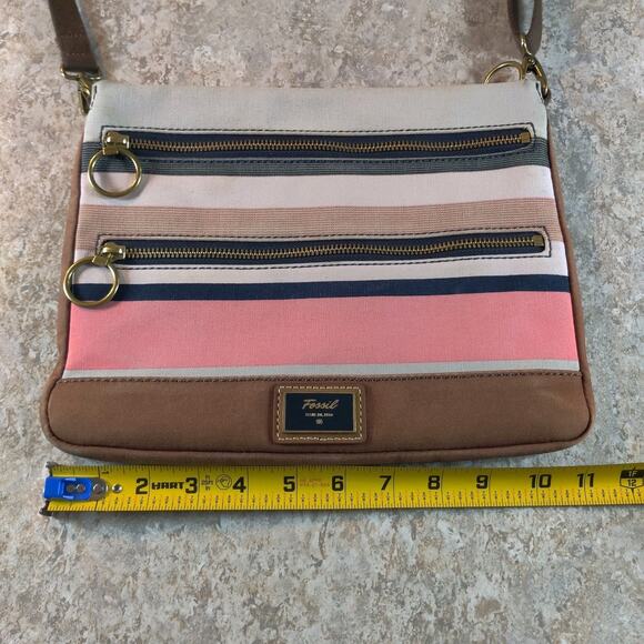 Fossil Purse Pink Striped Canvas Messenger Crossbody Bag Pink Brown White - Picture 9 of 10